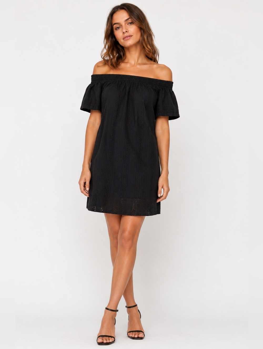 AllSaints Cotton Off-The-Shoulder Eyelet Mini Dress Shift Black Small Boho LBD